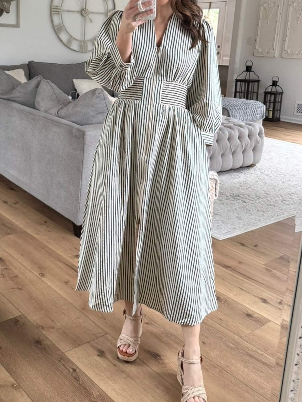 Striped V-Neck Midi Dress deep green & cream